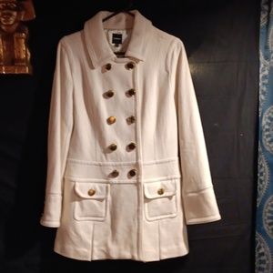 Express Double Breasted Cream Colored Pea Coat with Gold Buttons